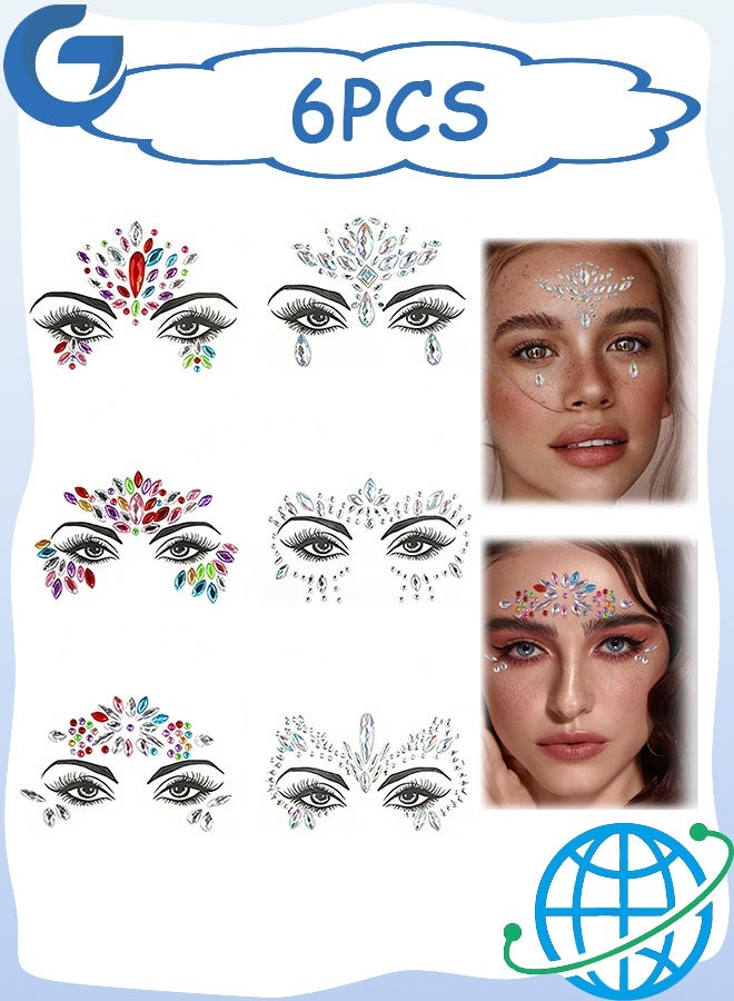 6 Pcs Face Crystal Glitter Gems Luminous makeup Temporary Tattoo Stickers, Acrylic Crystal Glitter Jewels Tears Rhinestone for Parties Clubs Music Festivals - Image 1